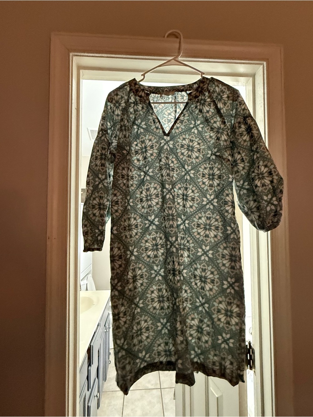LOFT Teal Green Patterned Long Sleeve Shift Dress